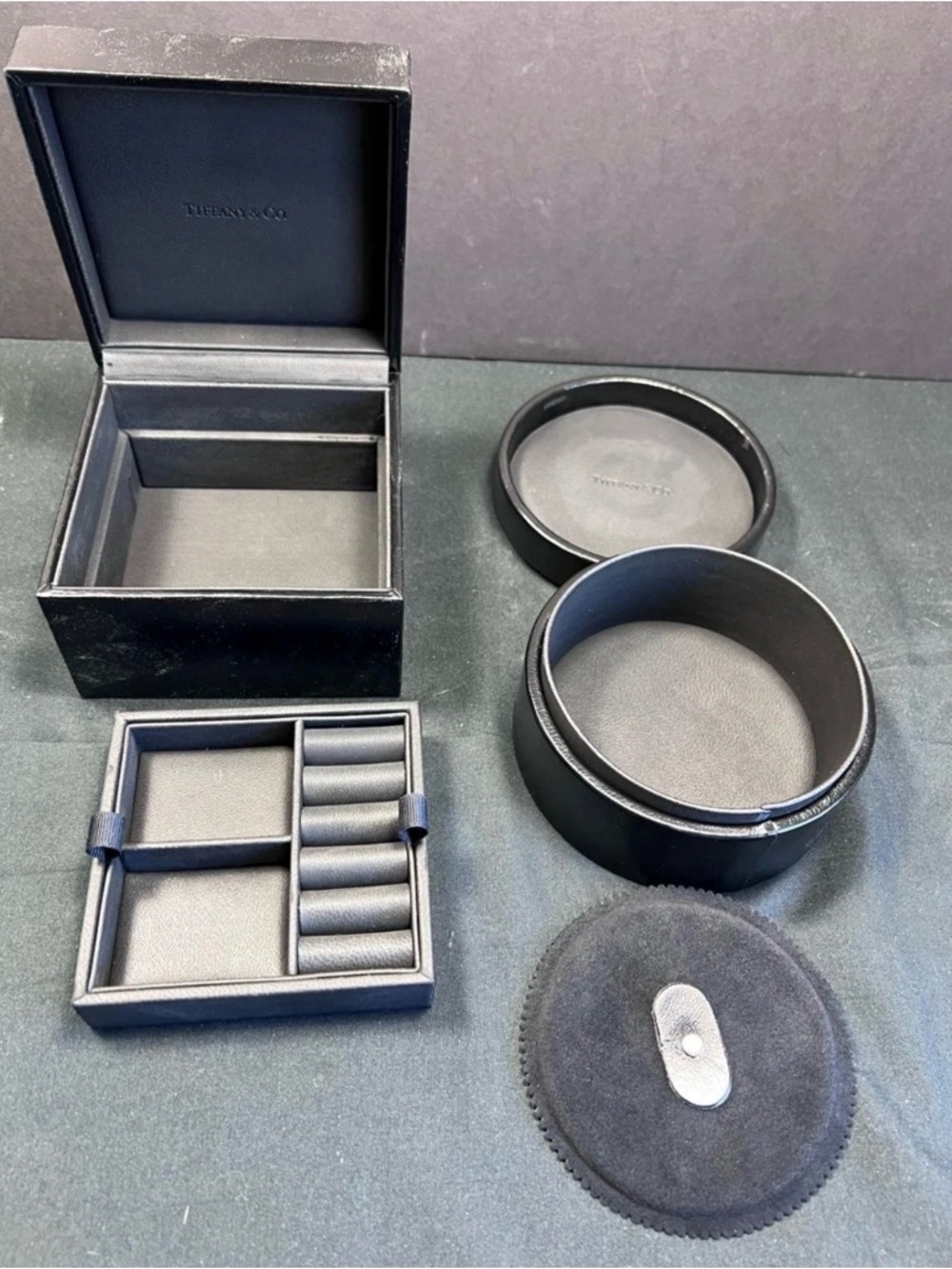 RARE Tiffany & Co. "Walk in Time" Black Grain Leather Watch & Jewelry Set